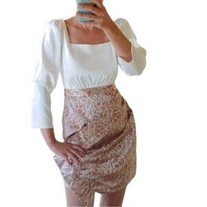 Adelyn Rae white mini dress ruched skirt puff sleeves satin floral size Small
